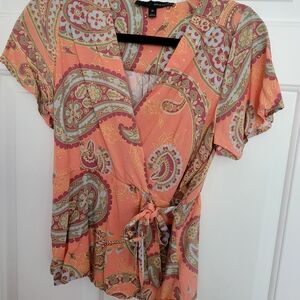 Harve Benard Peach Paisley Wrap Top with Green and Cream Accents